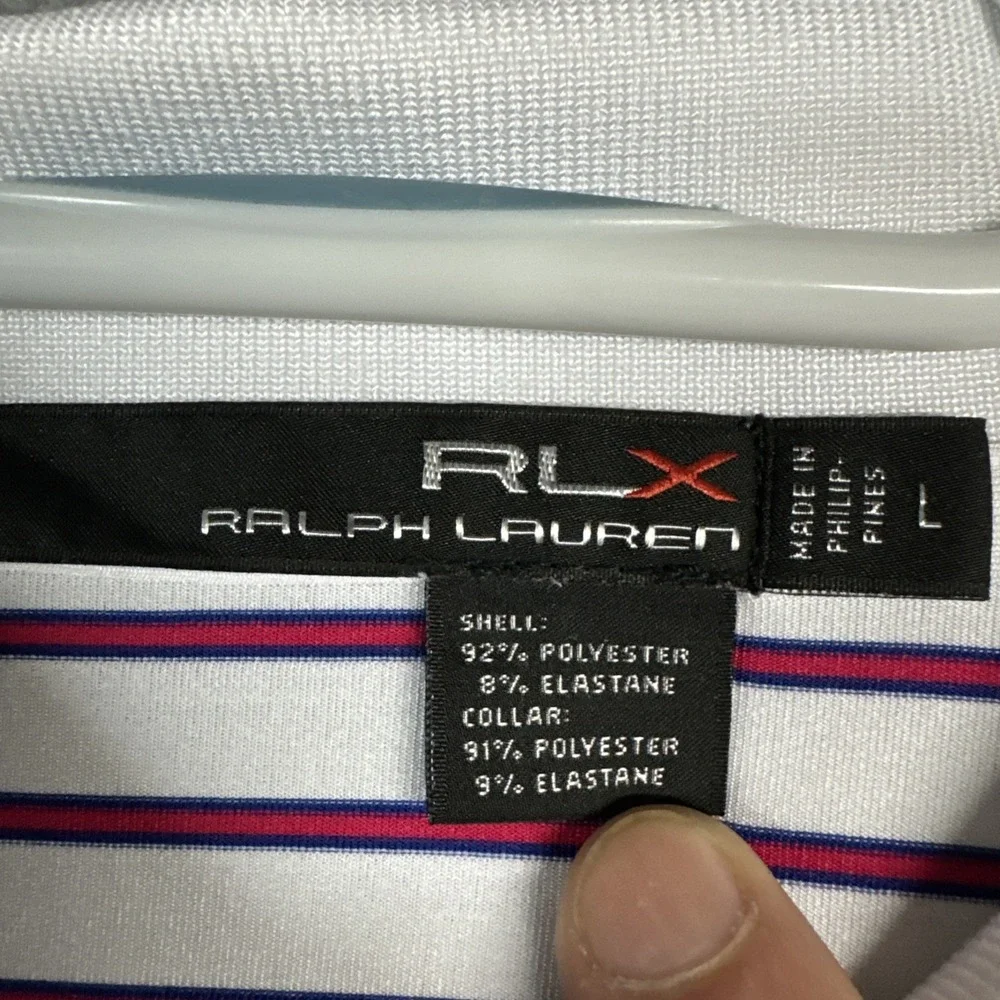 Ralph Lauren RLX Polo Shirt Mens Large White Red Striped Stretch Embroidered
